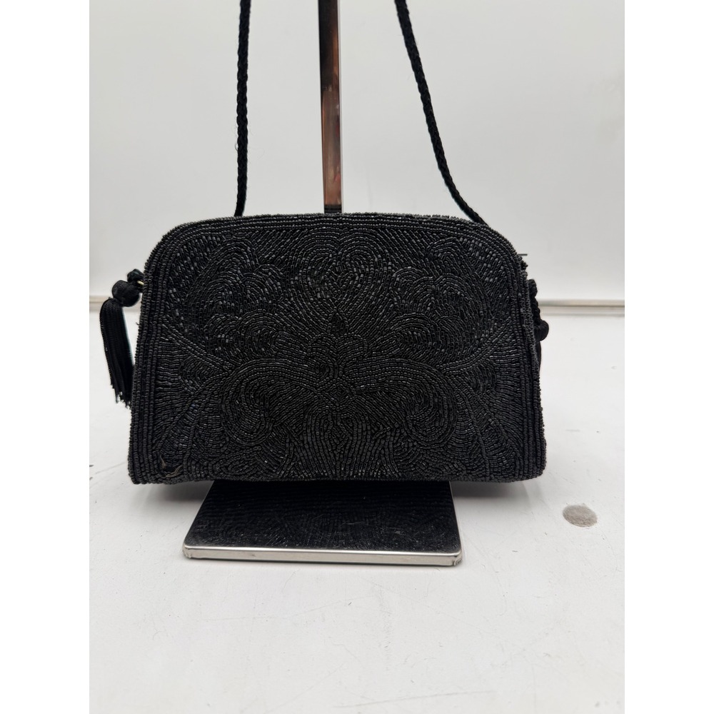 Lord & Taylor Vintage Black Beaded Evening Bag Tassel Shoulder Bag Hand Made